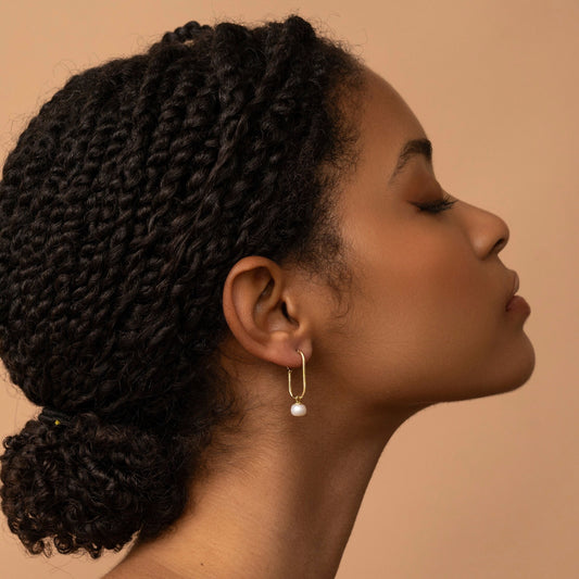 Solid Gold Dangle & Drop Pearl Hoop Earrings, Real Gold Pair of Natural Pearl Earrings, Handmade Fine Jewelry By Selanica