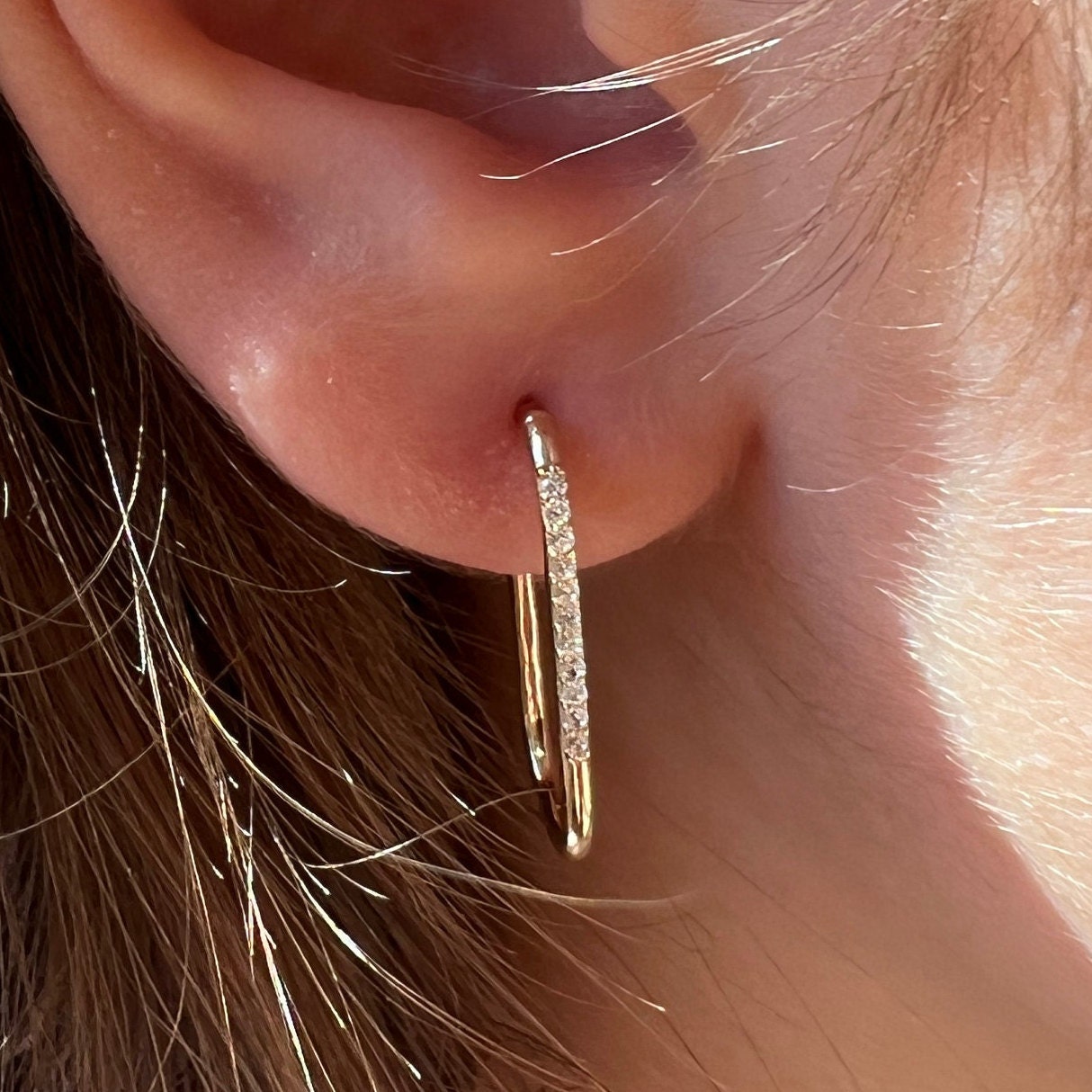 Solid Gold Rectangular Pave Setting Hoop Earrings, Premium Lightweight, Sturdy Pair of Hoops For Her, Handmade Fine Jewelry By Selanica
