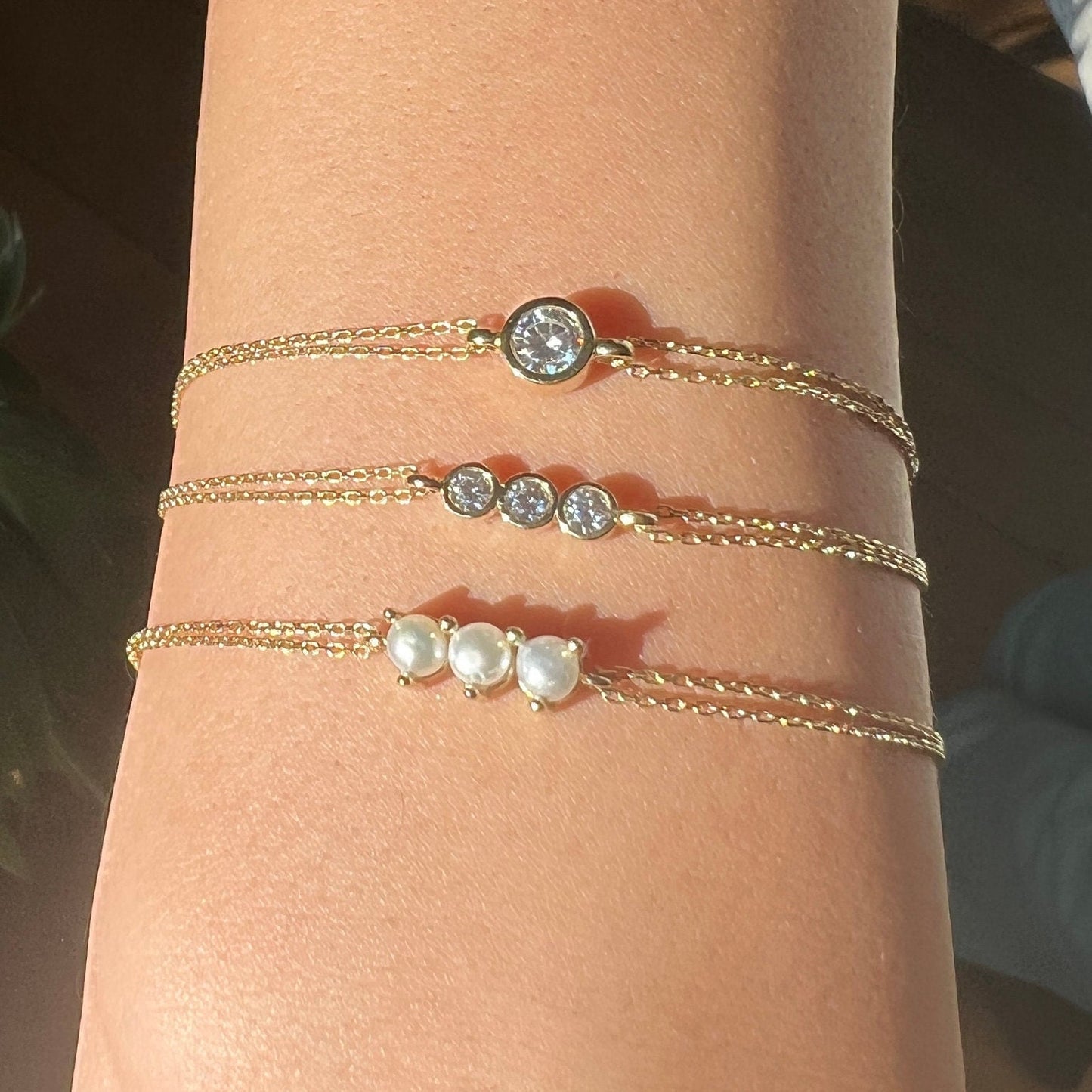 Gold 3 Pearl Bracelet, Solid Chain Bracelet, Real Gold Natural Pearl Bracelet For Her, Handmade Fine Jewelry by Selanica