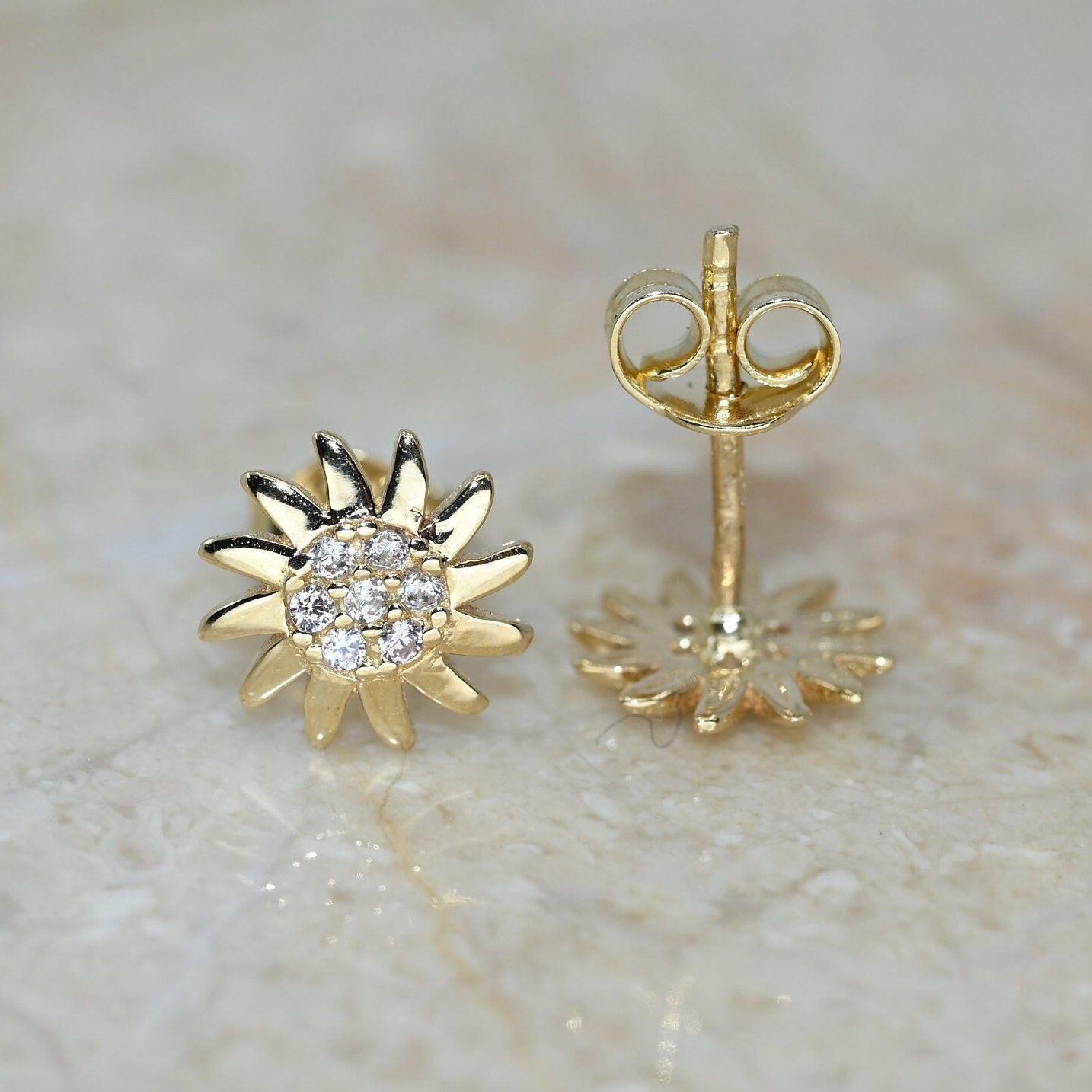 Solid Gold Dainty Sun Earrings / Real Gold Premium Pair of Earrings For Her / Handmade Fine Jewelry By Selanica