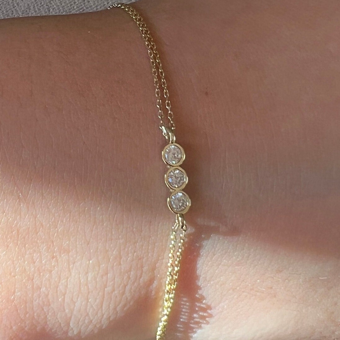 Gold Chain Bracelet, Solid Gold Dainty Bracelet, Real Gold 3 Stone Moissanite Bracelet For Her, Handmade Fine Jewelry by Selanica