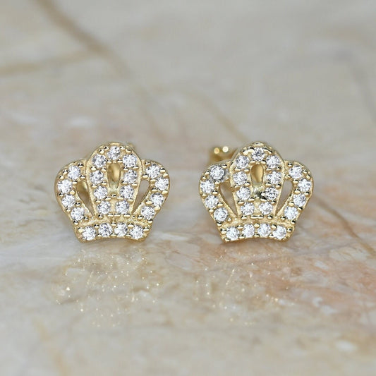 Solid Gold Dainty Crown Earrings / Real Gold Queen Pair of Earrings For Her / Handmade Fine Jewelry By Selanica