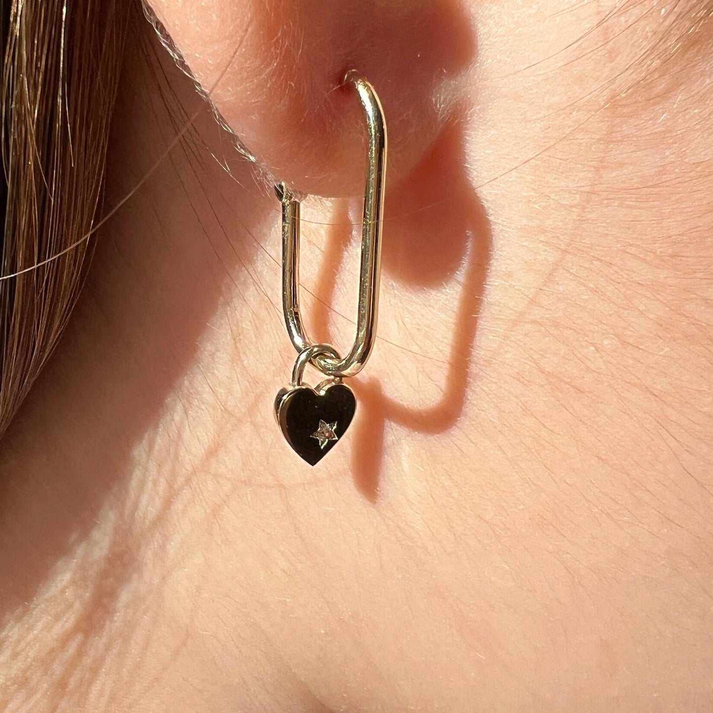 Solid Gold Dangle & Drop Hoop Earring, Real Gold Heart Padlock Earring, Dangle Heart Hoop Earring, Handmade Fine Jewelry By Selanica