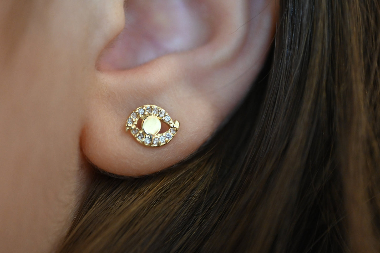 Solid Gold Dainty Eye Earrings / Real Gold Pair of Earrings For Her / Handmade Fine Jewelry By Selanica