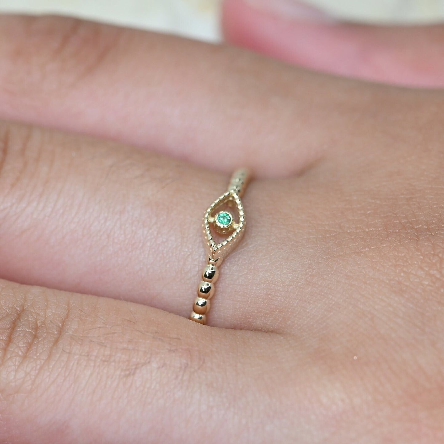 14k Solid Gold Emerald Evil Eye Ring / Real Gold Dainty Stackable Eye Ring / Unique Design For Her / Handmade Fine Jewelry By Selanica