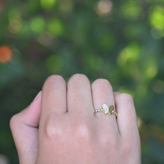 14k Solid Gold Dainty Butterfly Ring / Real Gold Butterfly Ring For Her / Unique Design Beaded Band / Handmade Fine Jewelry By Selanica