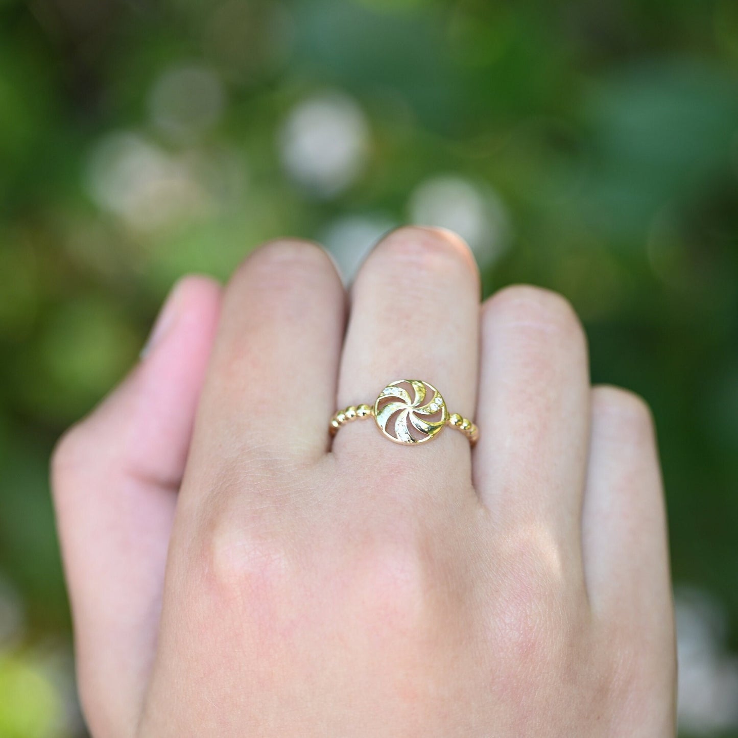 14k Solid Gold Round Windmill Ring / Real Gold Wind Rose Ring For Her / Handmade Fine Jewelry By Selanica