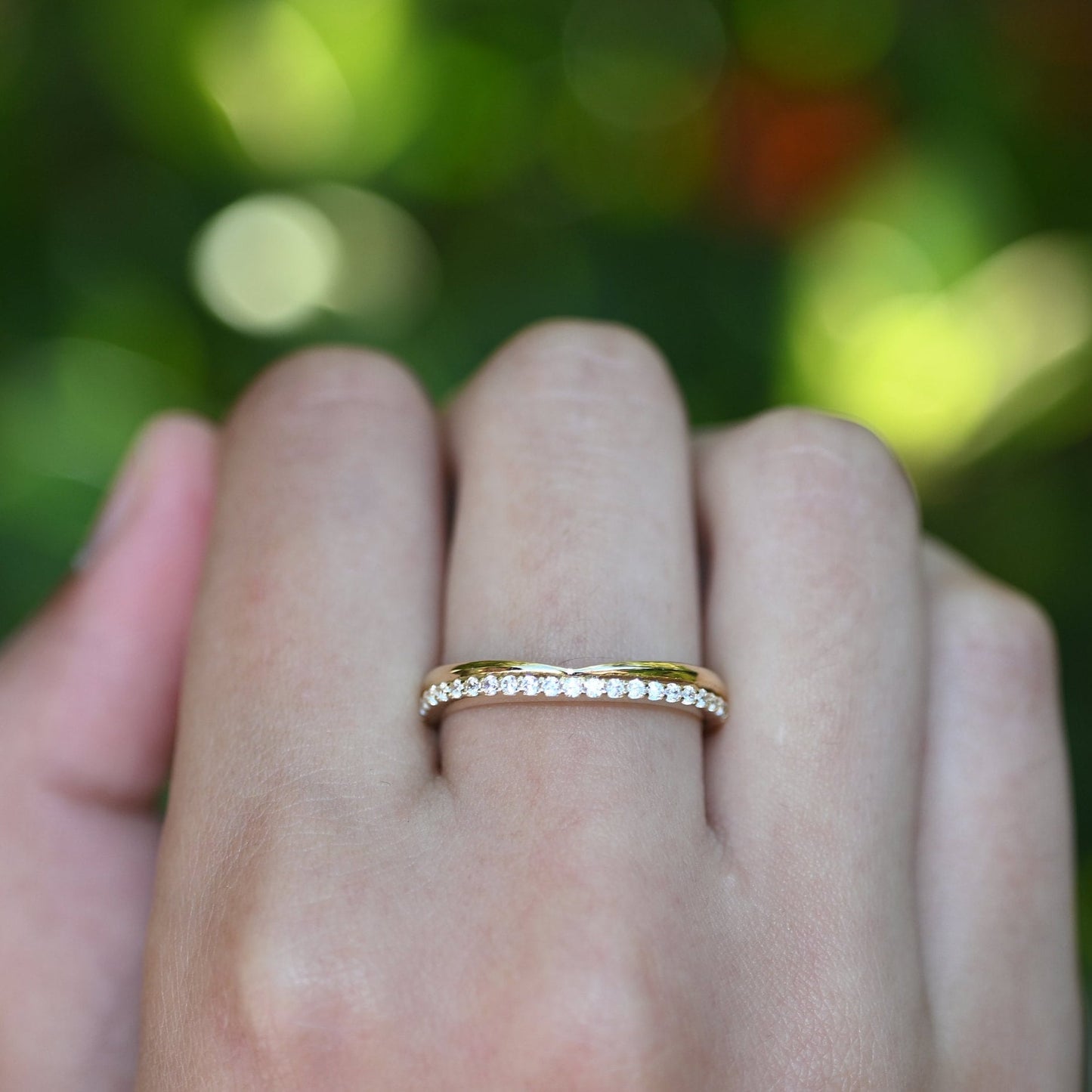 14k Solid Gold Curve Ring / Real Gold Pave Moissanite Band / Curved Band Ring For Her / Handmade Fine Jewelry By Selanica