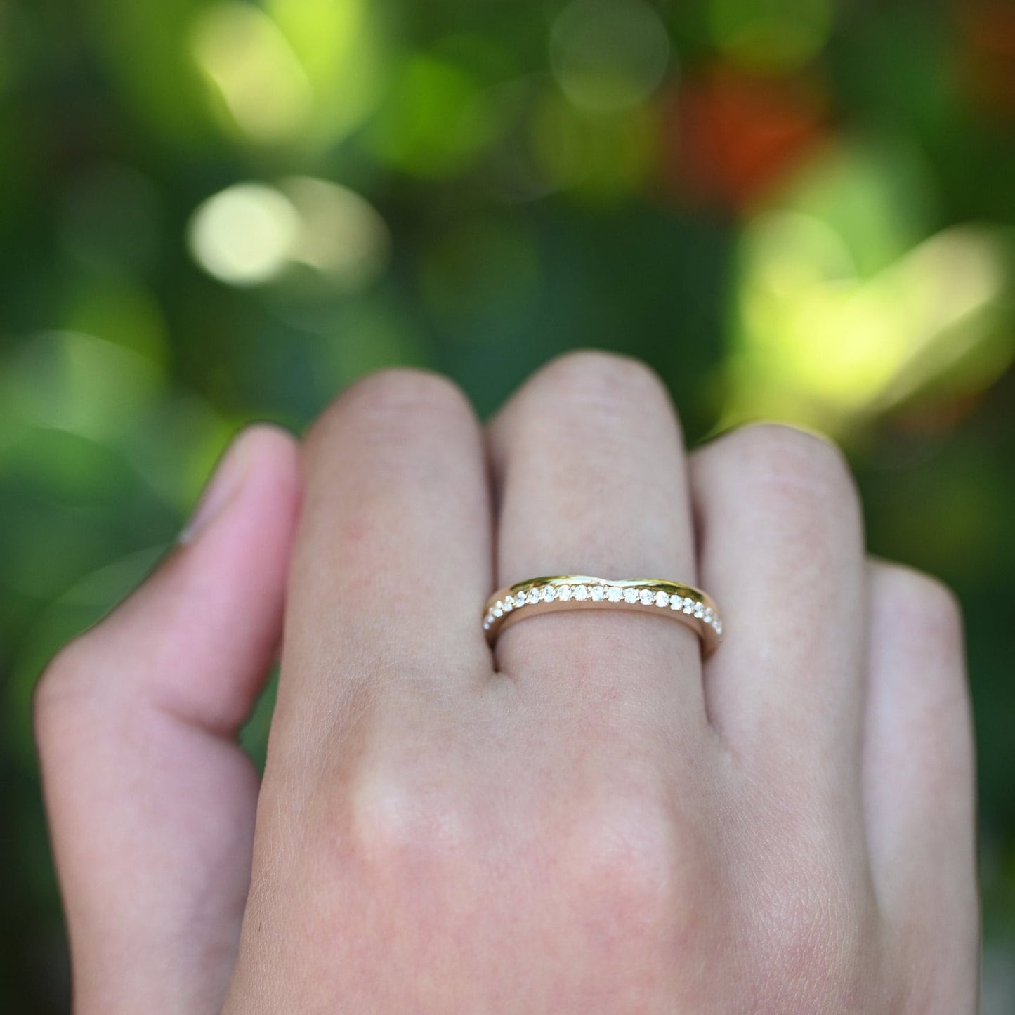 14k Solid Gold Curve Ring / Real Gold Pave Moissanite Band / Curved Band Ring For Her / Handmade Fine Jewelry By Selanica