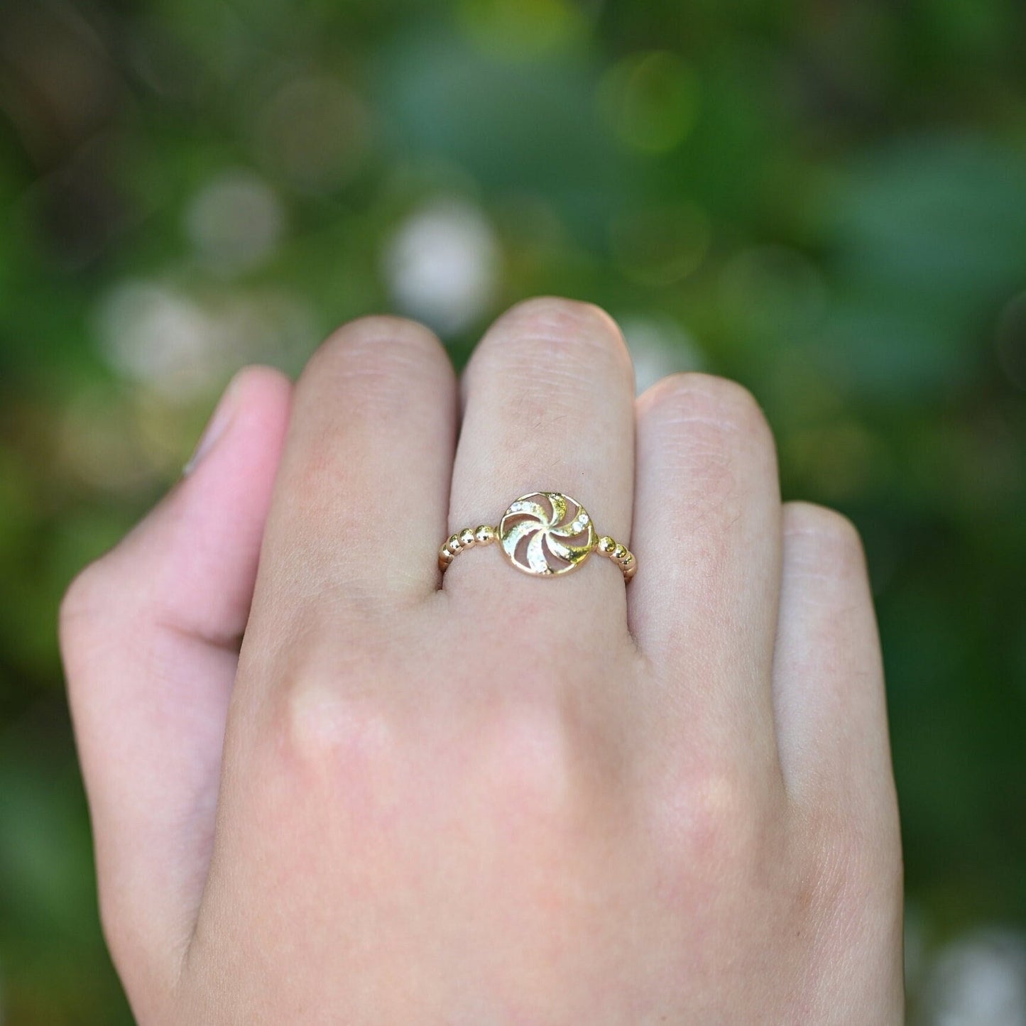 14k Solid Gold Round Windmill Ring / Real Gold Wind Rose Ring For Her / Handmade Fine Jewelry By Selanica