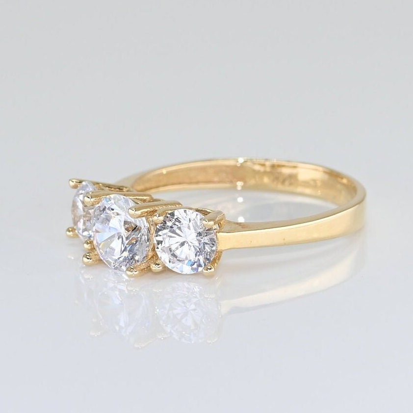 14k Solid Gold Three Stone Moissanite Ring, Special Design Real Gold Ring For Her, Handmade Fine Jewelry By Selanica