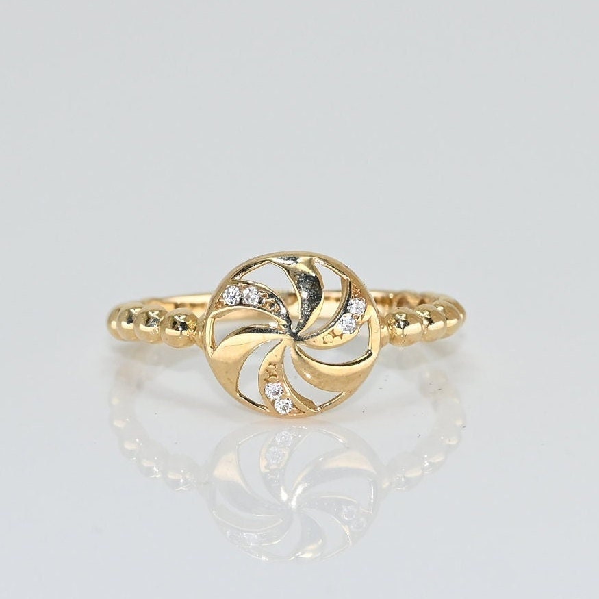 14k Solid Gold Round Windmill Ring / Real Gold Wind Rose Ring For Her / Handmade Fine Jewelry By Selanica