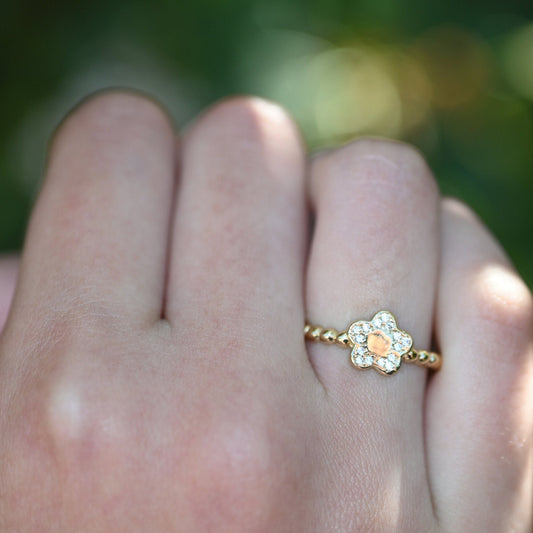 14k Solid Gold Daisy Ring / Real Gold Floral Design Moissanite Ring / Unique Daisy Ring with Beaded Band / Handmade Fine Jewelry By Selanica