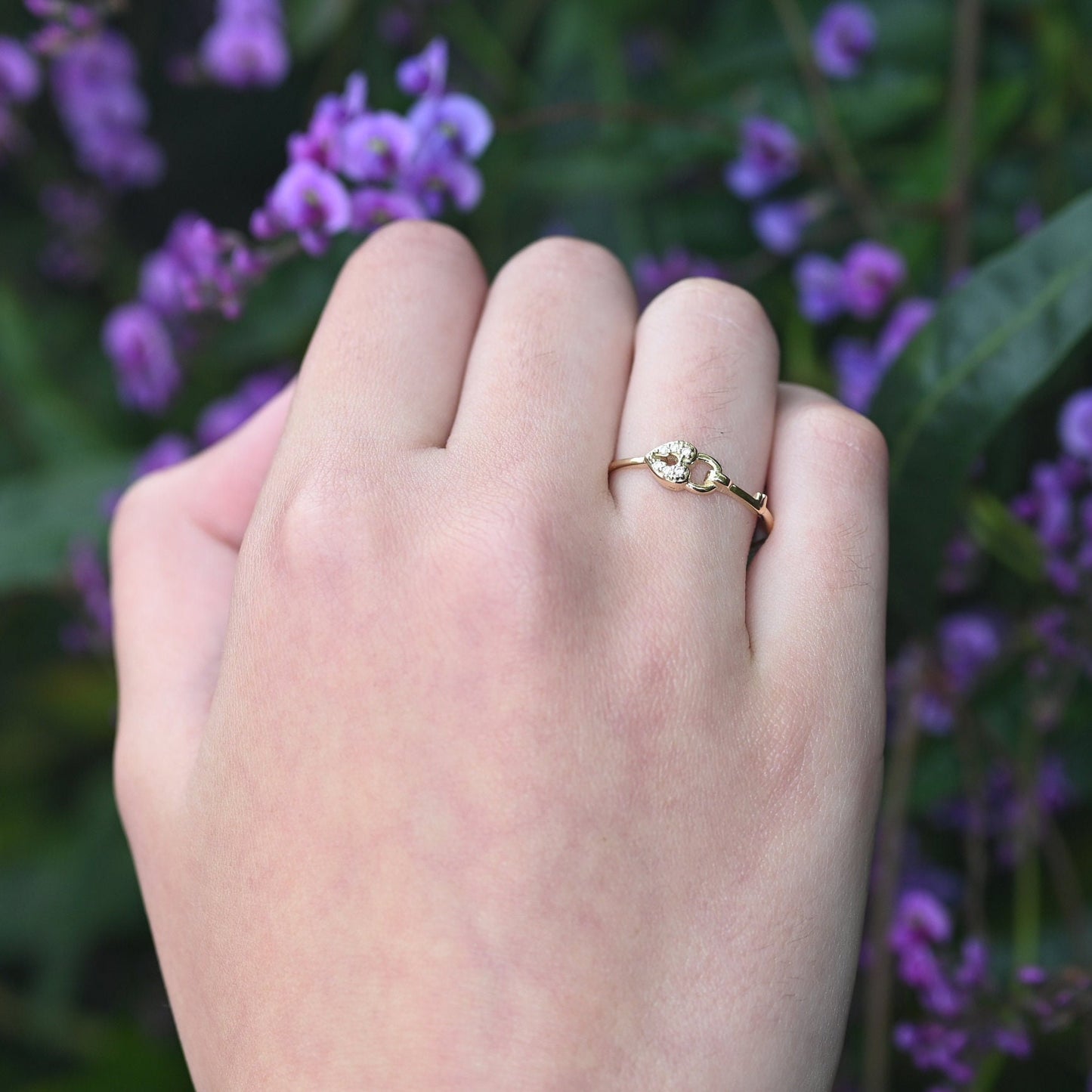 14k Solid Gold Dainty Key and Lock Ring / Real Gold Key and Lock Ring For Her / Handmade Fine Jewelry By Selanica