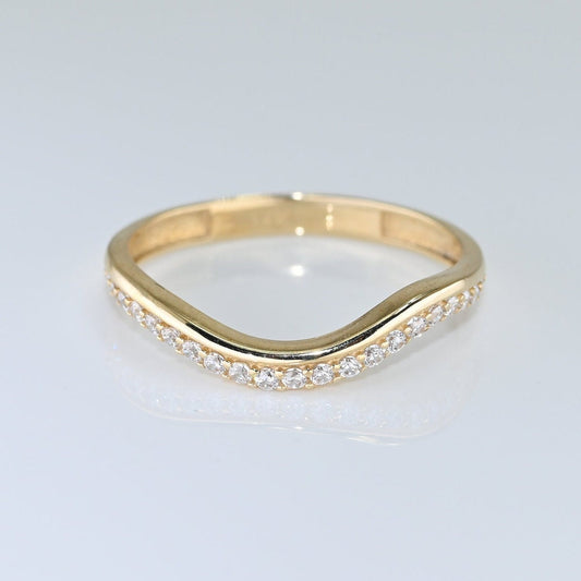 14k Solid Gold Curve Ring  / Real Gold Curve Pave Band Moissanite Ring for Her / Handmade Fine Jewelry By Selanica