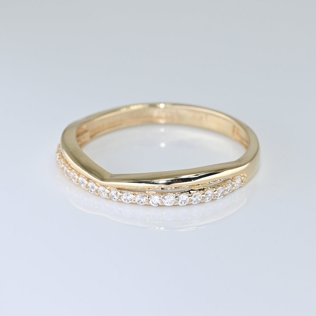 14k Solid Gold Curve Ring / Real Gold Pave Moissanite Band / Curved Band Ring For Her / Handmade Fine Jewelry By Selanica