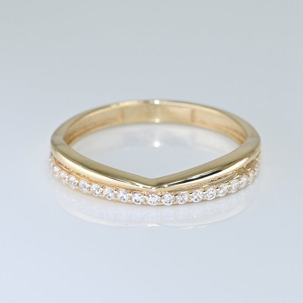 14k Solid Gold Curve Ring / Real Gold Pave Moissanite Band / Curved Band Ring For Her / Handmade Fine Jewelry By Selanica