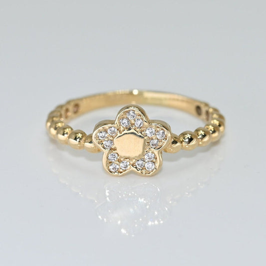 14k Solid Gold Daisy Ring / Real Gold Floral Design Moissanite Ring / Unique Daisy Ring with Beaded Band / Handmade Fine Jewelry By Selanica