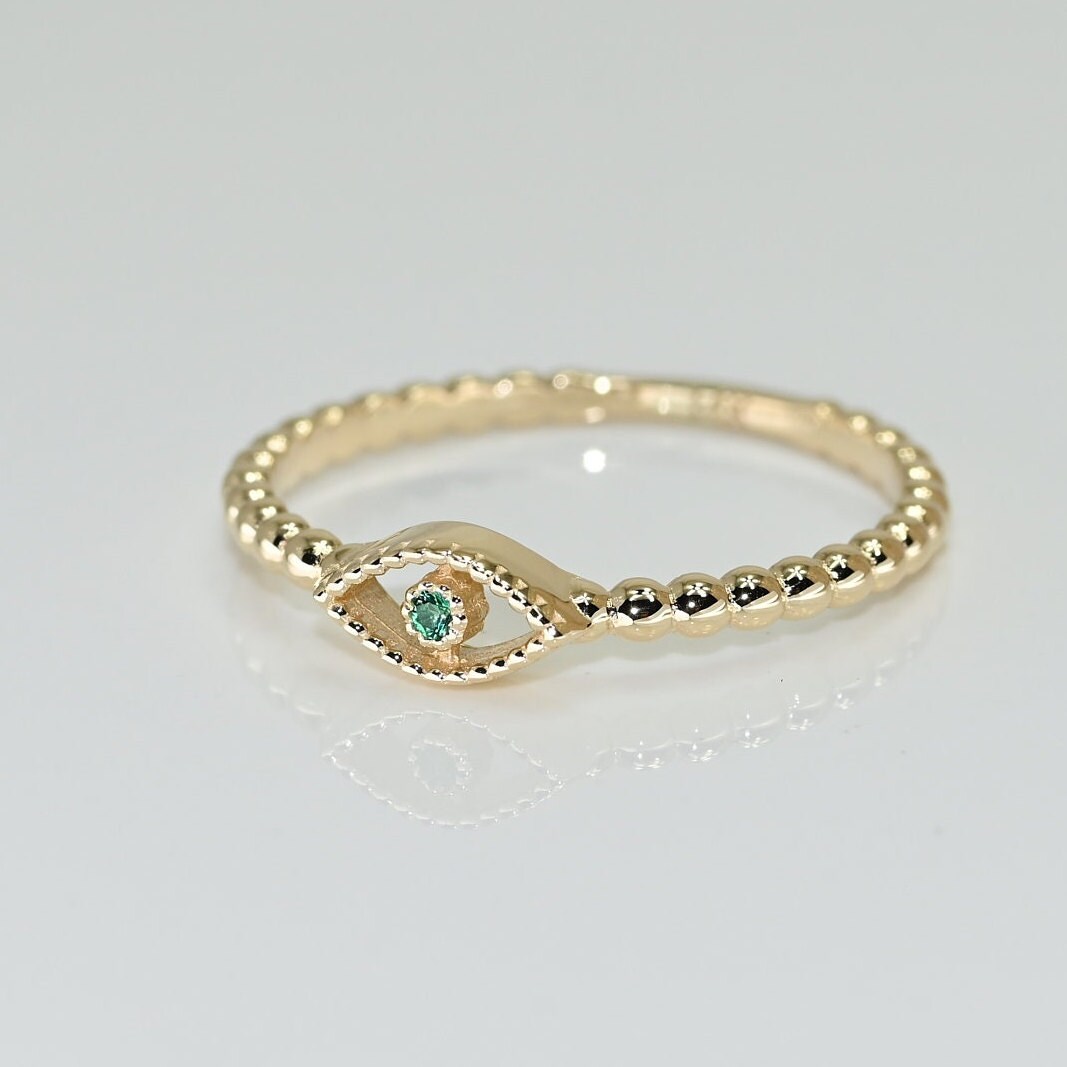 14k Solid Gold Emerald Evil Eye Ring / Real Gold Dainty Stackable Eye Ring / Unique Design For Her / Handmade Fine Jewelry By Selanica