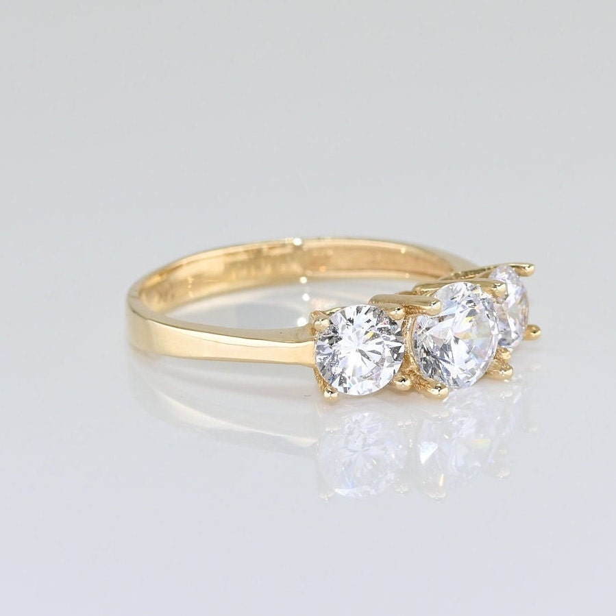 14k Solid Gold Three Stone Moissanite Ring, Special Design Real Gold Ring For Her, Handmade Fine Jewelry By Selanica