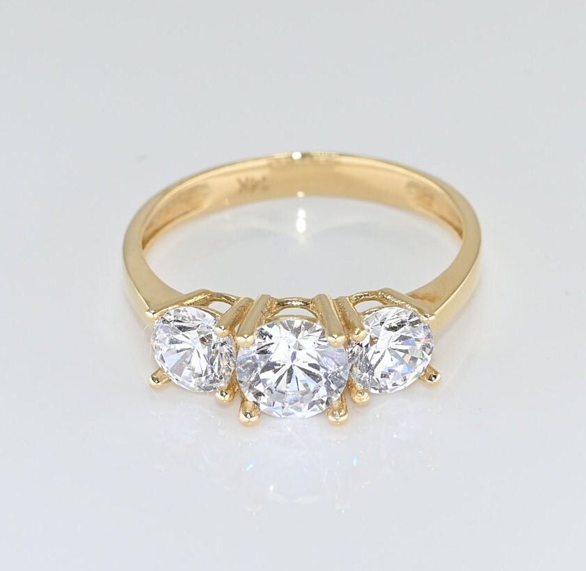 14k Solid Gold Three Stone Moissanite Ring, Special Design Real Gold Ring For Her, Handmade Fine Jewelry By Selanica