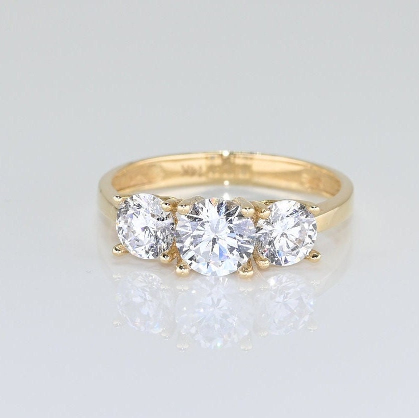 14k Solid Gold Three Stone Moissanite Ring, Special Design Real Gold Ring For Her, Handmade Fine Jewelry By Selanica