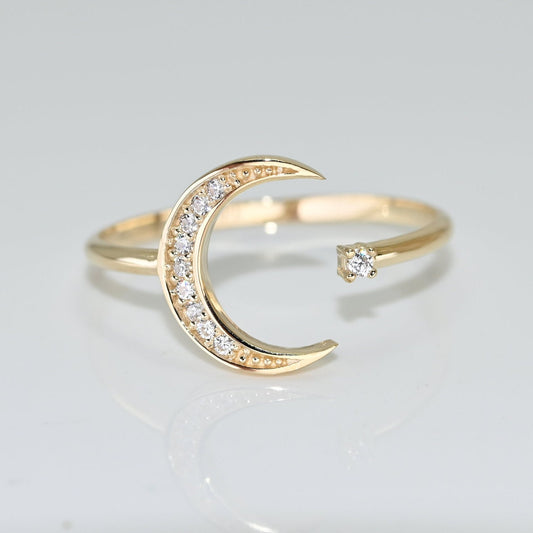 14k Solid Gold Dainty Moon Star Ring / Real Gold Open Band Crescent Ring / Unique Design For Her / Handmade Fine Jewelry By Selanica