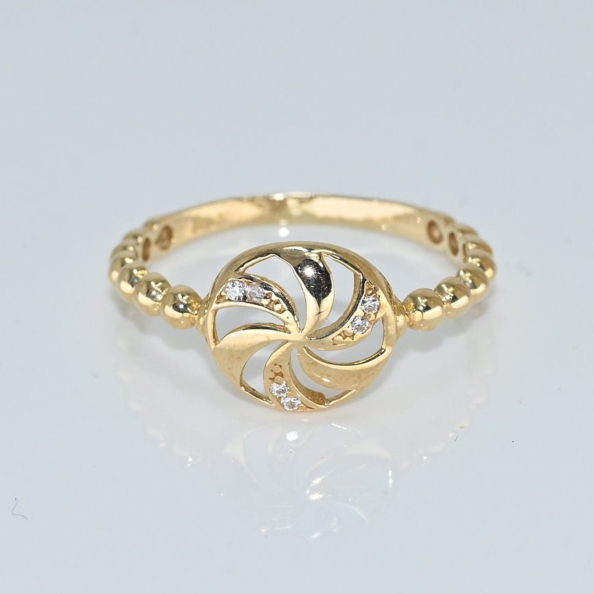 14k Solid Gold Round Windmill Ring / Real Gold Wind Rose Ring For Her / Handmade Fine Jewelry By Selanica