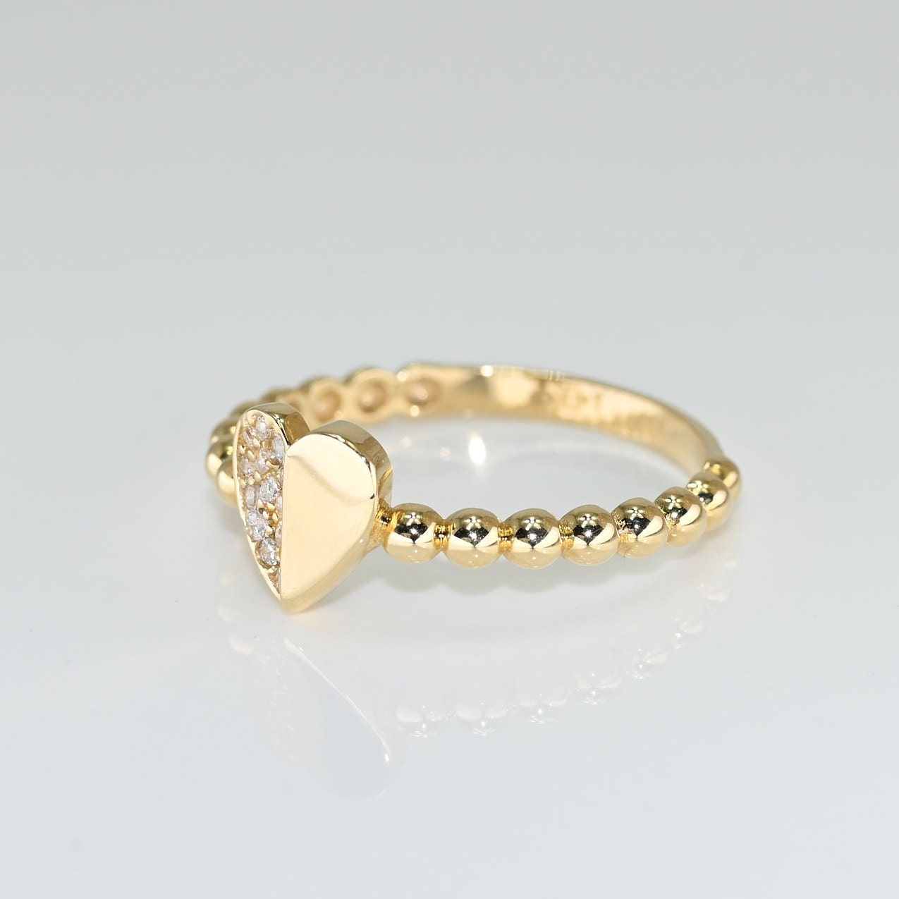 14k Solid Gold Dainty Heart Ring / Real Gold Heart Ring / Unique Design Beaded Band Love Ring For Her / Handmade Fine Jewelry By Selanica