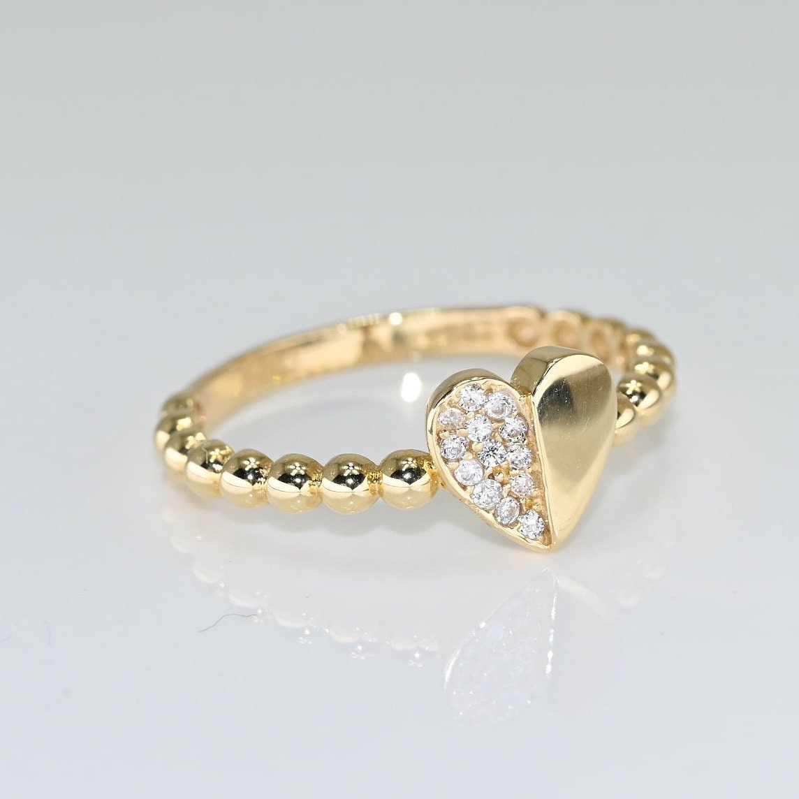 14k Solid Gold Dainty Heart Ring / Real Gold Heart Ring / Unique Design Beaded Band Love Ring For Her / Handmade Fine Jewelry By Selanica