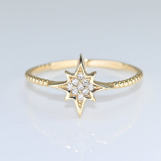 14K Gold Star Ring / Diamond Star Ring / Stackable Star Rings / Diamond Ring / Celestial Dual Ring / Dainty Dtackable Rings / Two Row Ring / Open Ring