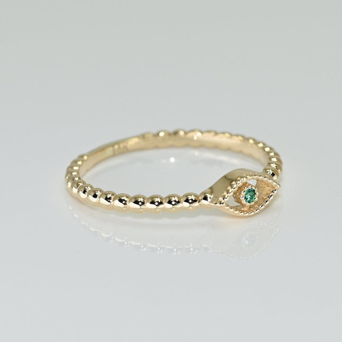 14k Solid Gold Emerald Evil Eye Ring / Real Gold Dainty Stackable Eye Ring / Unique Design For Her / Handmade Fine Jewelry By Selanica