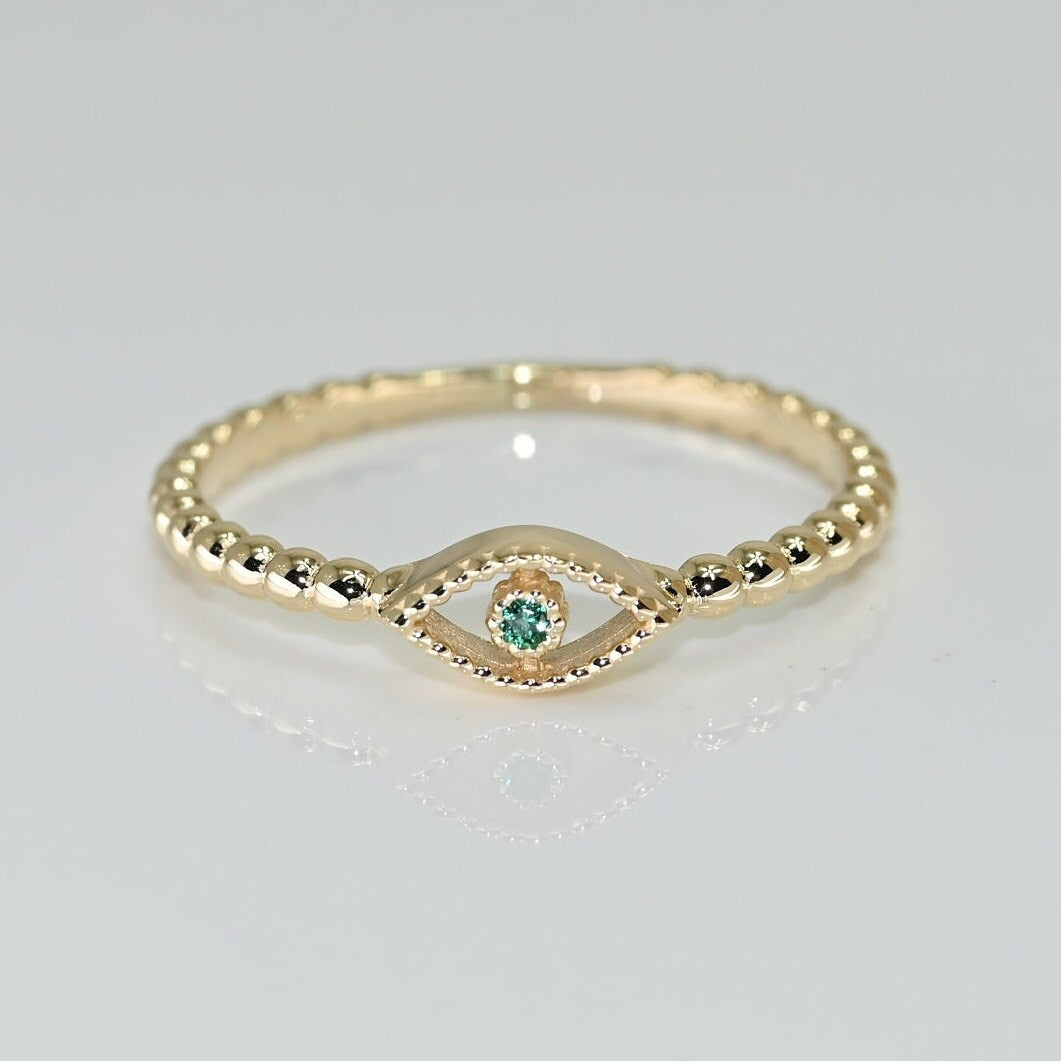 14k Solid Gold Emerald Evil Eye Ring / Real Gold Dainty Stackable Eye Ring / Unique Design For Her / Handmade Fine Jewelry By Selanica