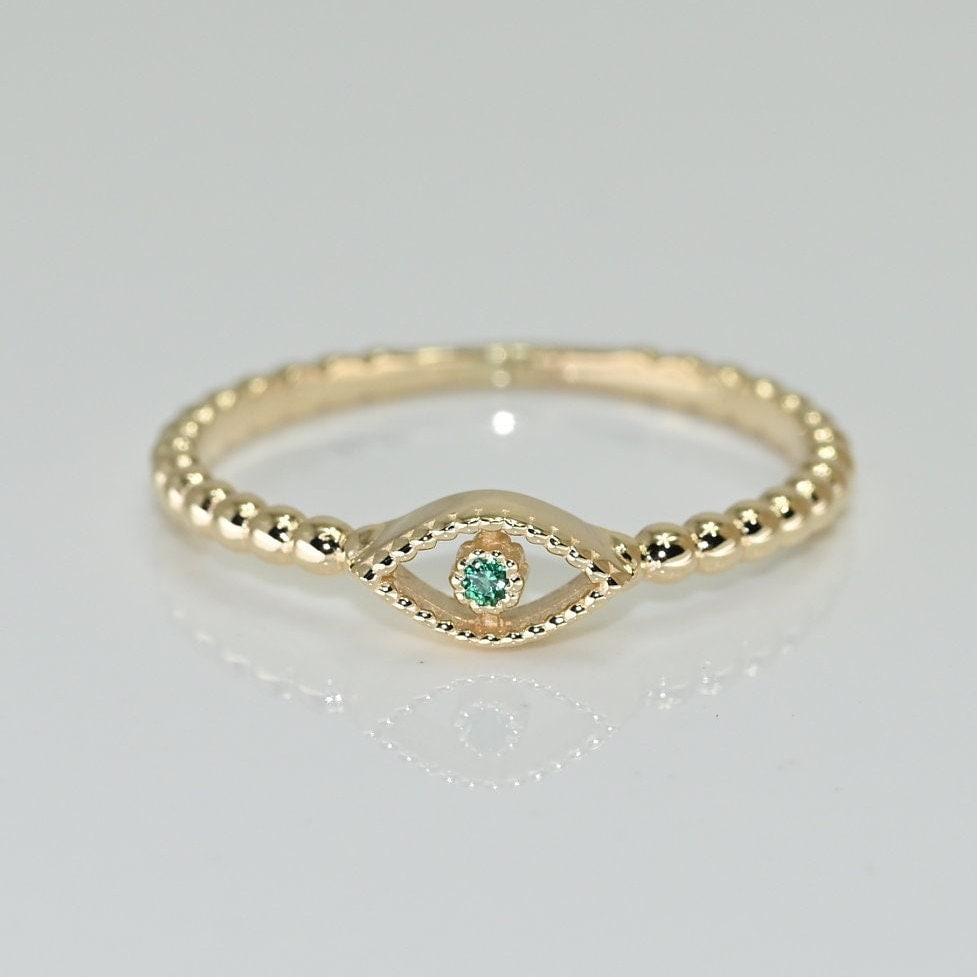 14k Solid Gold Emerald Evil Eye Ring / Real Gold Dainty Stackable Eye Ring / Unique Design For Her / Handmade Fine Jewelry By Selanica