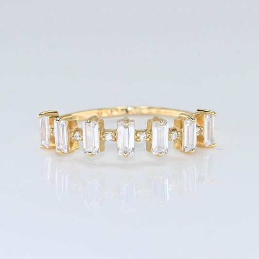 14k Solid Gold Seven Stone Baguette Ring / Real Gold 7 Stone Baguette Ring For Her / Handmade Fine Jewelry By Selanica