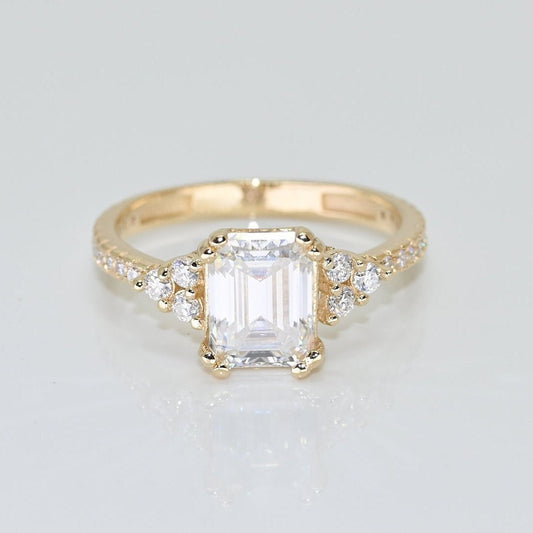 14k Solid Gold Emerald Cut Baguette Ring / Real Gold Pave Band Ring / Unique Design Ring For Her / Handmade Fine Jewelry By Selanica