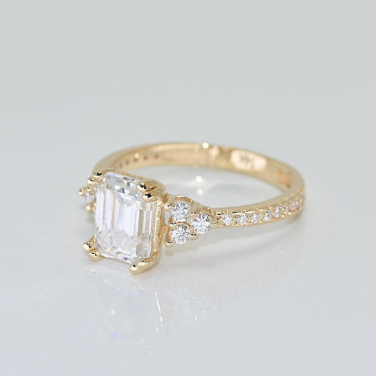 14k Solid Gold Emerald Cut Moissanite Ring / Real Gold Pave Band Baguette Ring / Unique Ring For Her / Handmade Fine Jewelry By Selanica