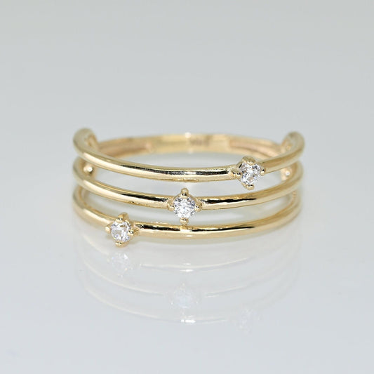 14k Solid Gold Triple Band Ring / Real Gold Three Band Ring / Unique Design For Her / Handmade Fine Jewelry By Selanica