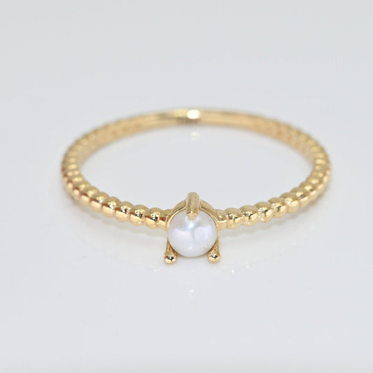 14k Solid Gold Dainty Pearl Ring, Real Gold Natural Pearl Ring,  Unique Beaded Band Pearl Ring, Handmade Fine Jewelry By Selanica