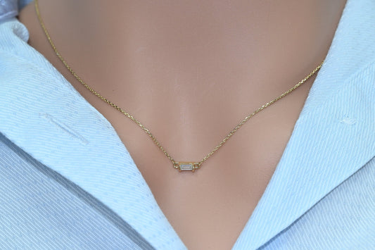 14k Solid Gold Dainty Baguette Necklace, Real Gold Premium Baguette Pendant,  Elegant Necklace For Her, Handmade Fine Jewelry by Selanica