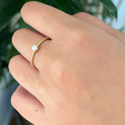 14k Solid Gold Dainty Pearl Ring, Real Gold Natural Pearl Ring,  Unique Beaded Band Pearl Ring, Handmade Fine Jewelry By Selanica