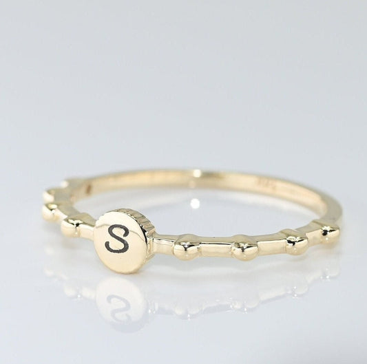 14k Solid Gold Dainty Personalized Letter Ring, Real Gold Dainty Initial Ring, Unique Design Ring For Her, Handmade Fine Jewelry By Selanica