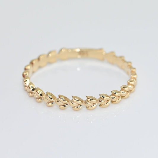 14k Solid Gold Stackable Leaf Ring, Real Gold Dainty Leaf Ring,  Minimalist Vine Leaf Band, Handmade Fine Jewelry By Selanica