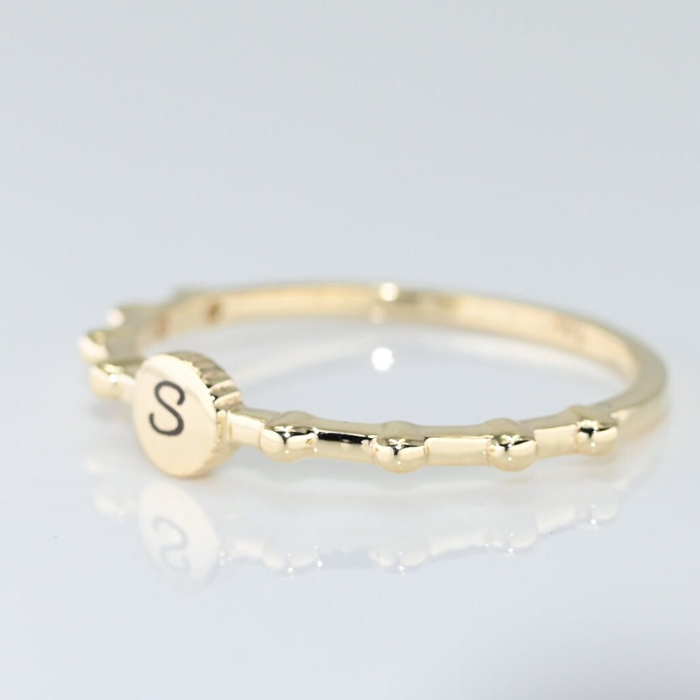 14k Solid Gold Dainty Personalized Letter Ring, Real Gold Dainty Initial Ring, Unique Design Ring For Her, Handmade Fine Jewelry By Selanica