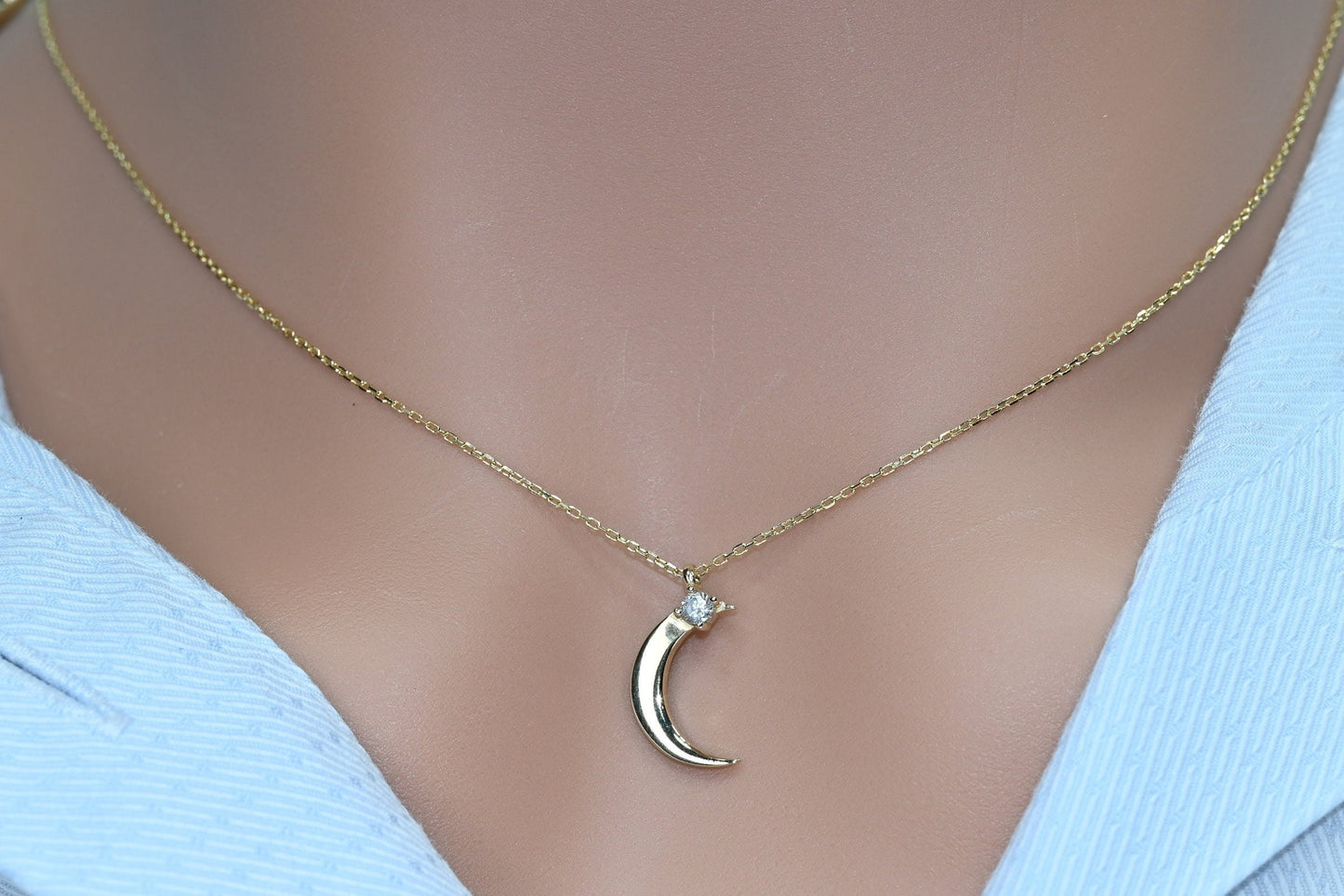 14k Solid Gold Dainty Moon Necklace / Real Gold Premium Crescent Pendant  /  Moon Star Necklace For Her / Handmade Fine Jewelry by Selanica