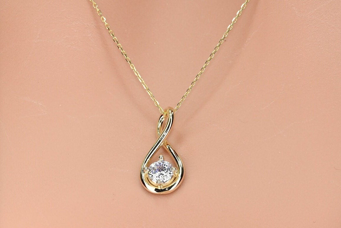 14k Solid Gold Twist Pendant, Real Gold Twist Necklace For Her, Premium Moissanite Necklace, Handmade Fine Jewelry by Selanica