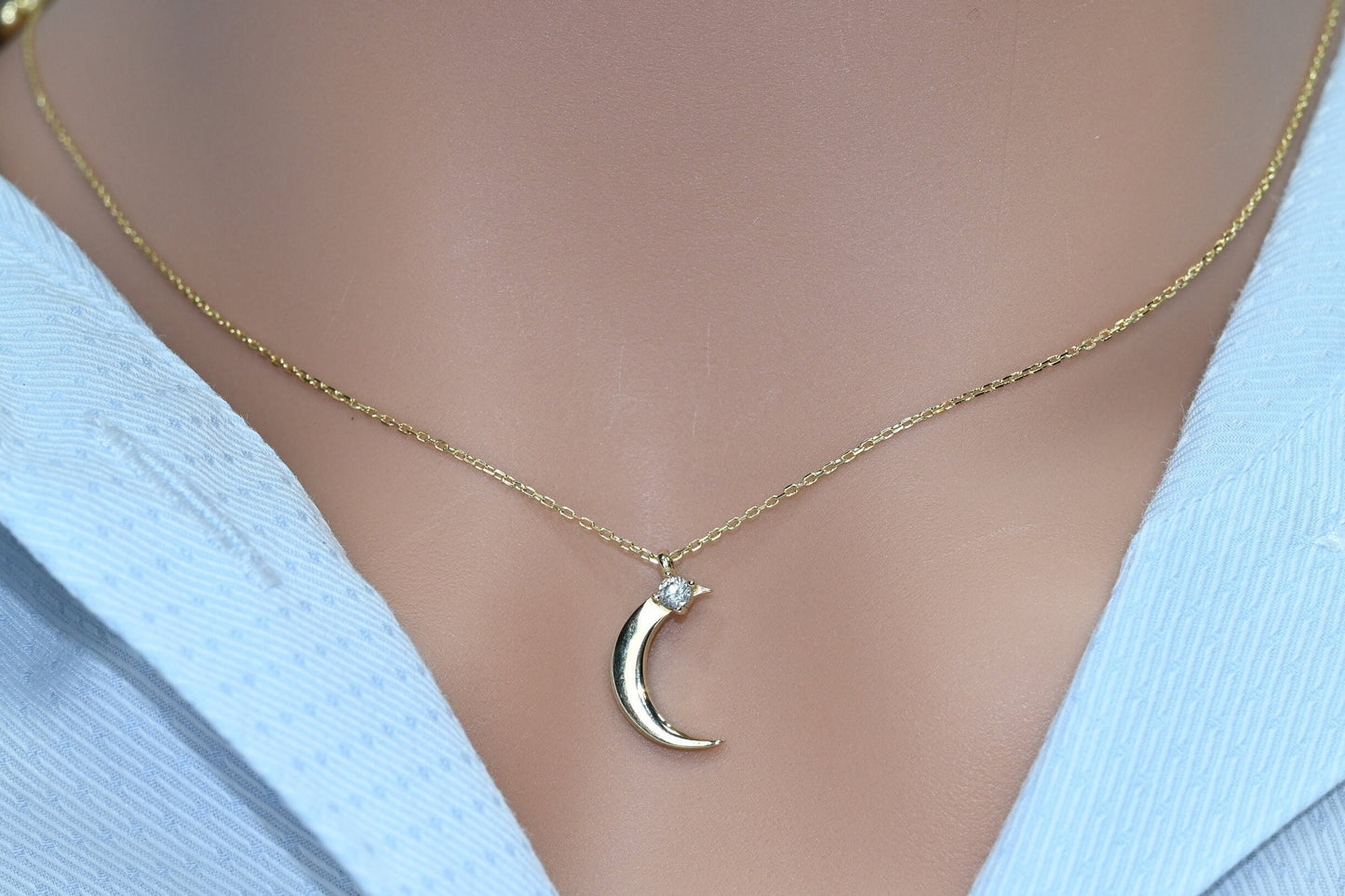 14k Solid Gold Dainty Moon Necklace / Real Gold Premium Crescent Pendant  /  Moon Star Necklace For Her / Handmade Fine Jewelry by Selanica