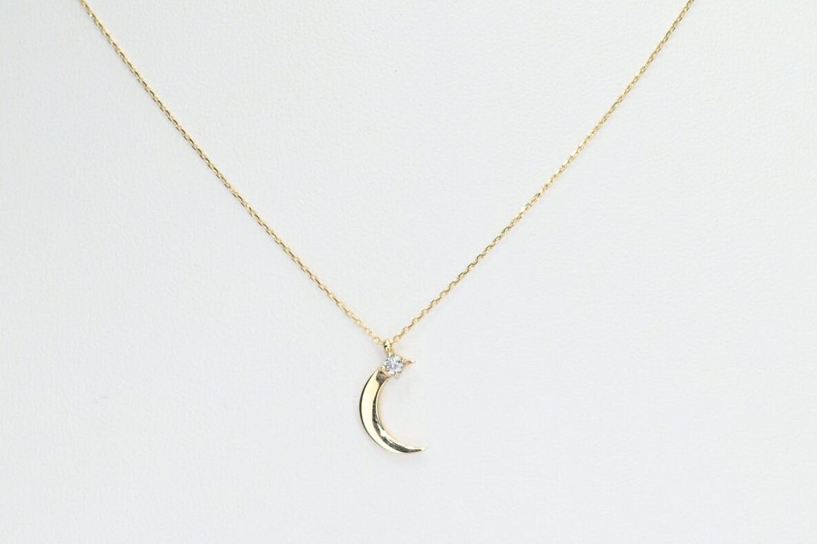 14k Solid Gold Dainty Moon Necklace / Real Gold Premium Crescent Pendant  /  Moon Star Necklace For Her / Handmade Fine Jewelry by Selanica