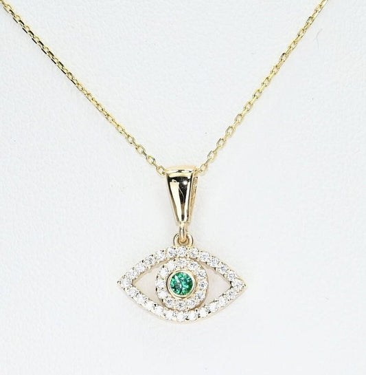 14k Solid Gold Dainty Emerald Evil Eye Necklace, Real Gold Dainty Eye Pendant For Her, Handmade Fine Jewelry by Selanica