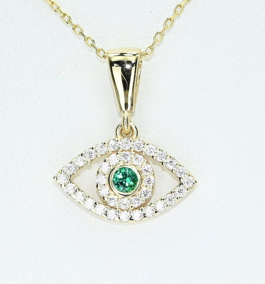 14k Solid Gold Dainty Emerald Evil Eye Necklace, Real Gold Dainty Eye Pendant For Her, Handmade Fine Jewelry by Selanica